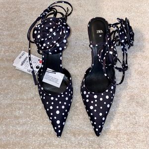 Zara new with tags lace up flower heels. Size 8 polka dot black and white.